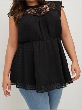 Torrid Peplum Chiffon Clip Dot Crochet Trim Top